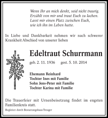 Traueranzeige von Edeltraut Schurrmann von lausitzer_rundschau