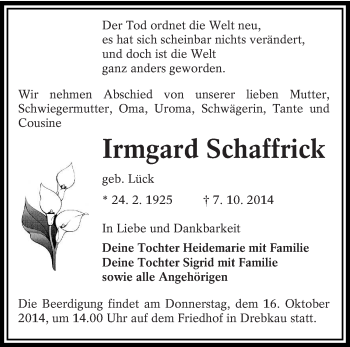 Traueranzeige von Irmgard Schaffrick von lausitzer_rundschau