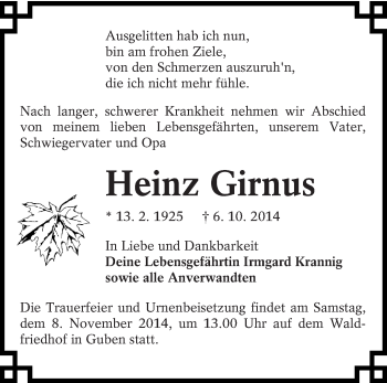 Traueranzeige von Heinz Girnus von lausitzer_rundschau