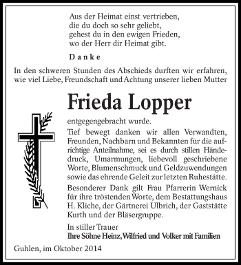 Traueranzeige von Frieda Lopper von lausitzer_rundschau