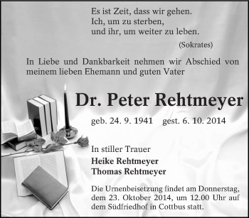 Traueranzeige von Peter Rehtmeyer von lausitzer_rundschau