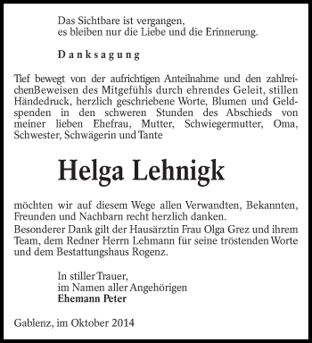 Traueranzeige von Helga Lehnigk von lausitzer_rundschau