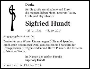 Traueranzeige von Sigfried Hundt von lausitzer_rundschau