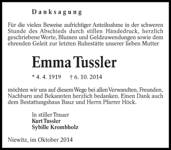 Traueranzeige von Emma Tussler von lausitzer_rundschau