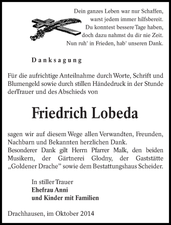 Traueranzeige von Friedrich Lobeda von lausitzer_rundschau