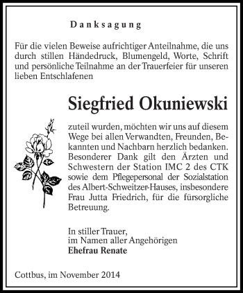 Traueranzeige von Siegfried Okuniewski von lausitzer_rundschau