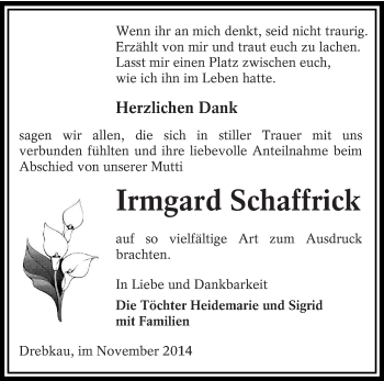 Traueranzeige von Irmgard Schaffrick von lausitzer_rundschau