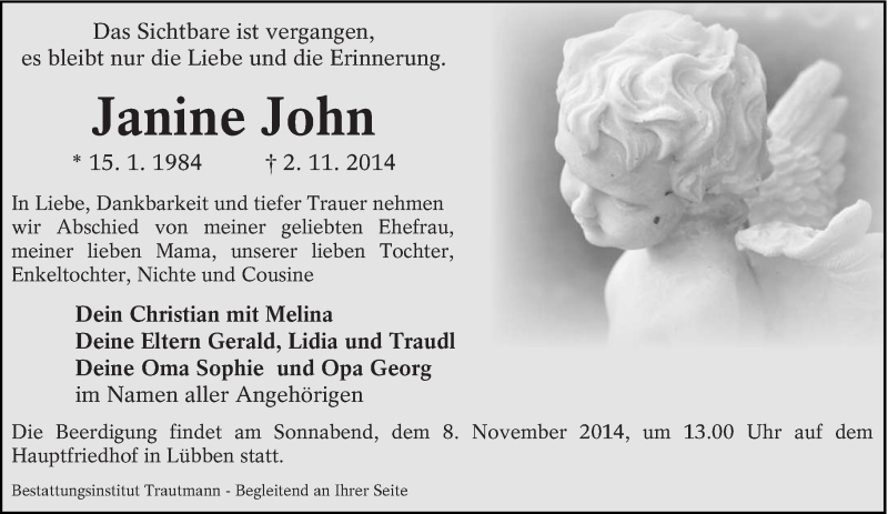  Traueranzeige für Janine John vom 05.11.2014 aus lausitzer_rundschau