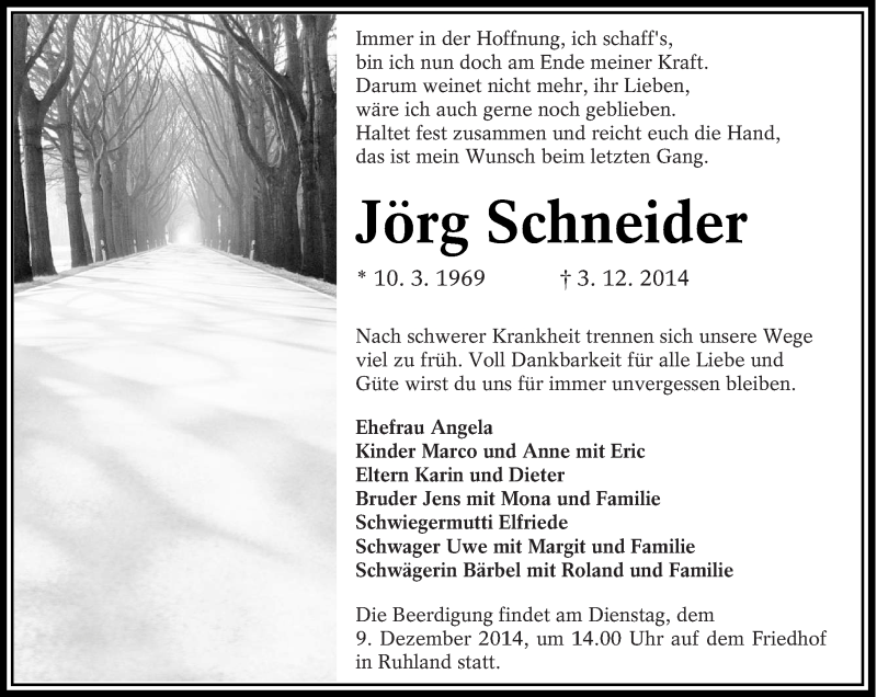  Traueranzeige für Jörg Schneider vom 07.12.2014 aus lausitzer_rundschau