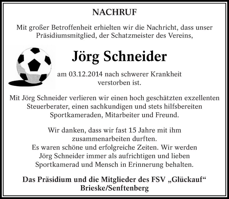 Traueranzeige für Jörg Schneider vom 09.12.2014 aus lausitzer_rundschau