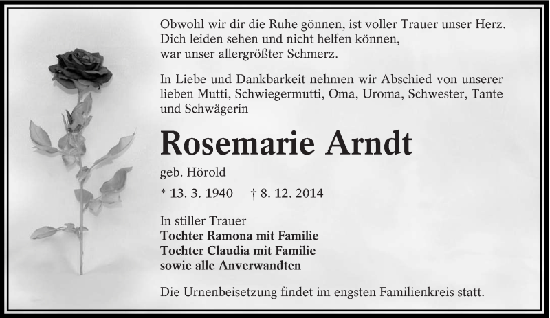  Traueranzeige für Rosemarie Arndt vom 13.12.2014 aus lausitzer_rundschau