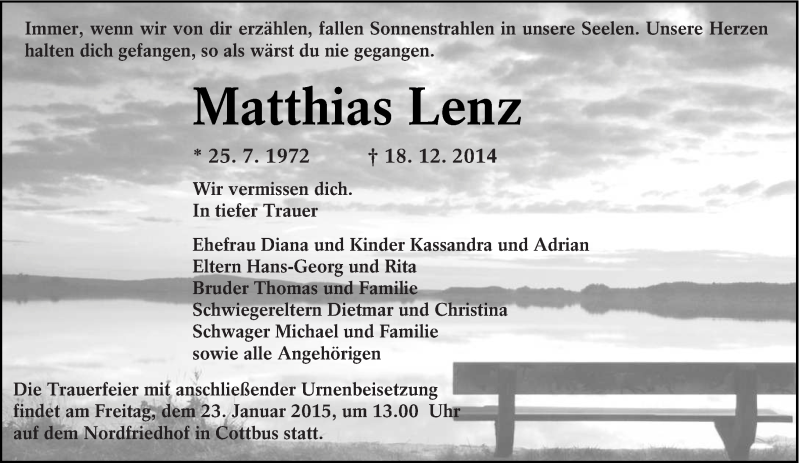  Traueranzeige für Matthias Lenz vom 27.12.2014 aus lausitzer_rundschau