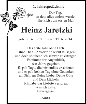 Traueranzeige von Heinz Jaretzki von lausitzer_rundschau