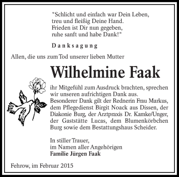 Traueranzeige von Wilhelmine Faak von lausitzer_rundschau