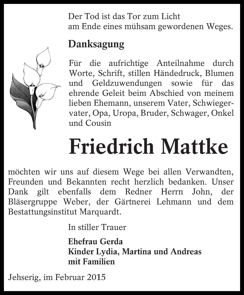  Traueranzeige für Friedrich Mattke vom 14.02.2015 aus lausitzer_rundschau