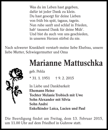 Traueranzeige von Marianne Mattuschka von lausitzer_rundschau