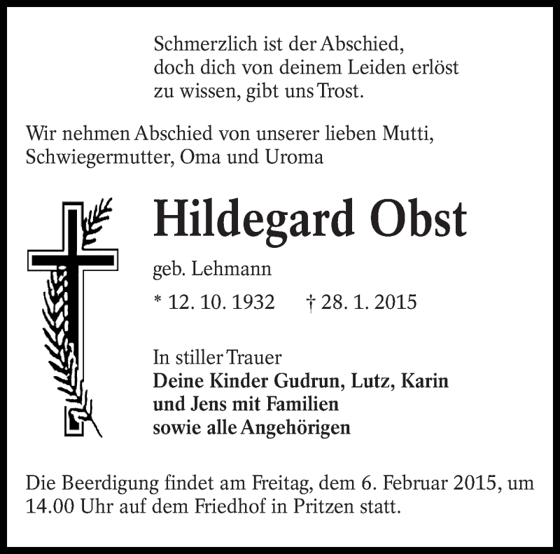  Traueranzeige für Hildegard Obst vom 31.01.2015 aus lausitzer_rundschau