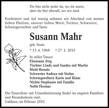 Traueranzeige von Susann Mahr von lausitzer_rundschau