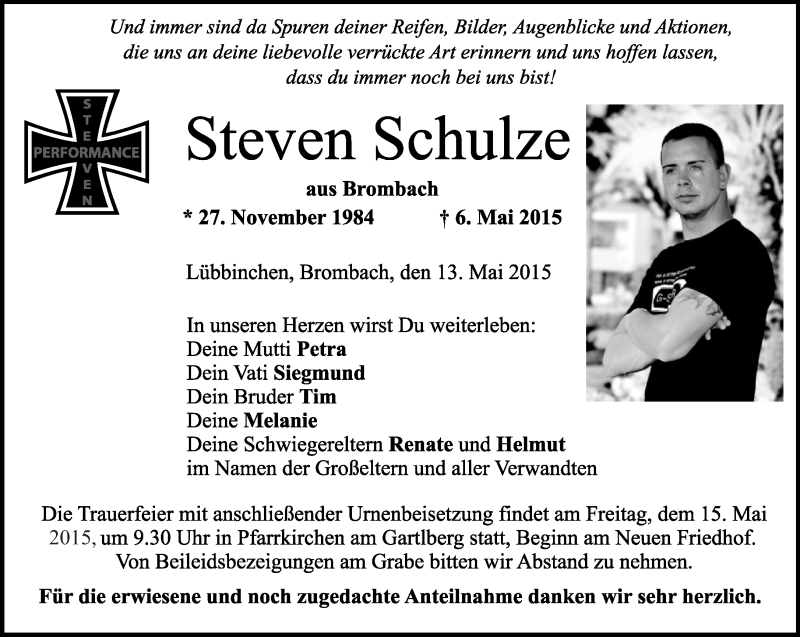  Traueranzeige für Steven Schulze vom 13.05.2015 aus lausitzer_rundschau