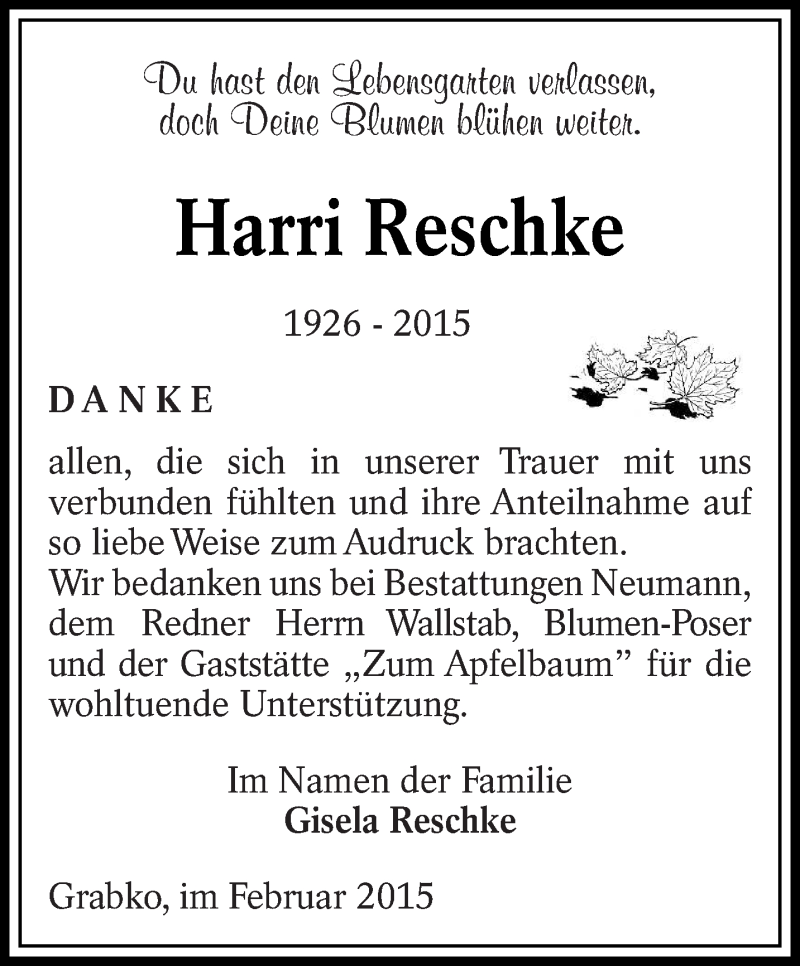  Traueranzeige für Harri Reschke vom 14.02.2015 aus lausitzer_rundschau