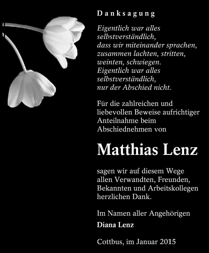  Traueranzeige für Matthias Lenz vom 29.01.2015 aus lausitzer_rundschau