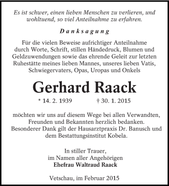 Traueranzeige von Gerhard Raack von lausitzer_rundschau