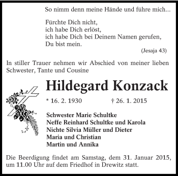 Traueranzeige von Hildegard Konzack von lausitzer_rundschau