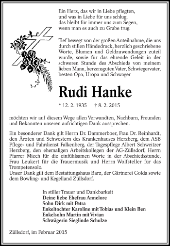 Traueranzeige von Rudi Hanke von lausitzer_rundschau