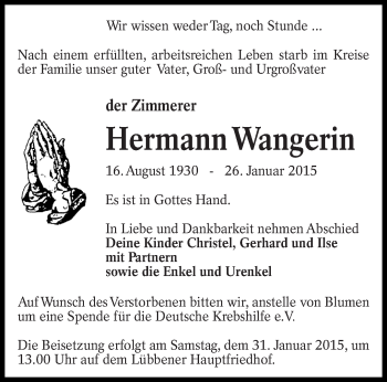 Traueranzeige von Hermann Wangerin von lausitzer_rundschau