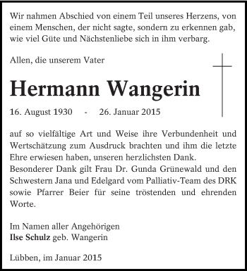 Traueranzeige von Hermann Wangerin von lausitzer_rundschau