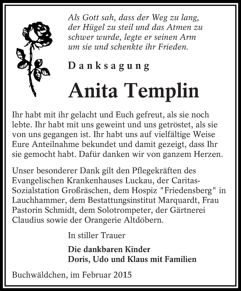  Traueranzeige für Anita Templin vom 26.02.2015 aus lausitzer_rundschau