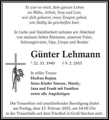 Traueranzeige von Günter Lehmann von lausitzer_rundschau