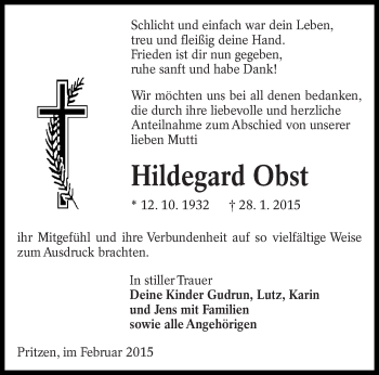 Traueranzeige von Hildegard Obst von lausitzer_rundschau