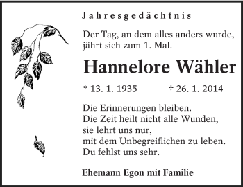 Traueranzeige von Hannelore Wähler von lausitzer_rundschau