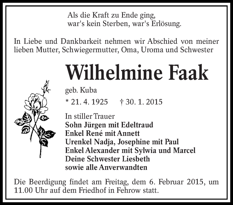  Traueranzeige für Wilhelmine Faak vom 03.02.2015 aus lausitzer_rundschau