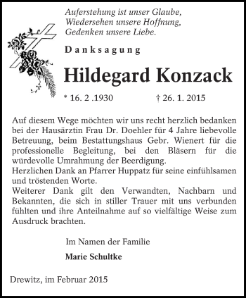 Traueranzeige von Hildegard Konzack von lausitzer_rundschau
