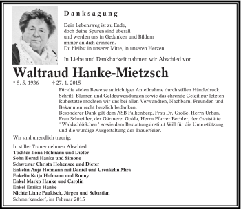 Traueranzeige von Waltraud Hanke-Mietzsch von lausitzer_rundschau