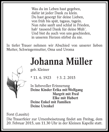 Traueranzeige von Johanna Müller von lausitzer_rundschau