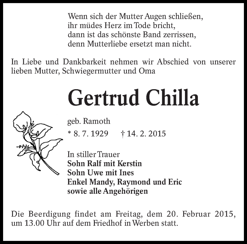  Traueranzeige für Gertrud Chilla vom 17.02.2015 aus lausitzer_rundschau