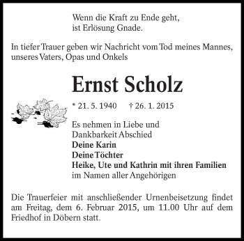Traueranzeige von Ernst Scholz von lausitzer_rundschau