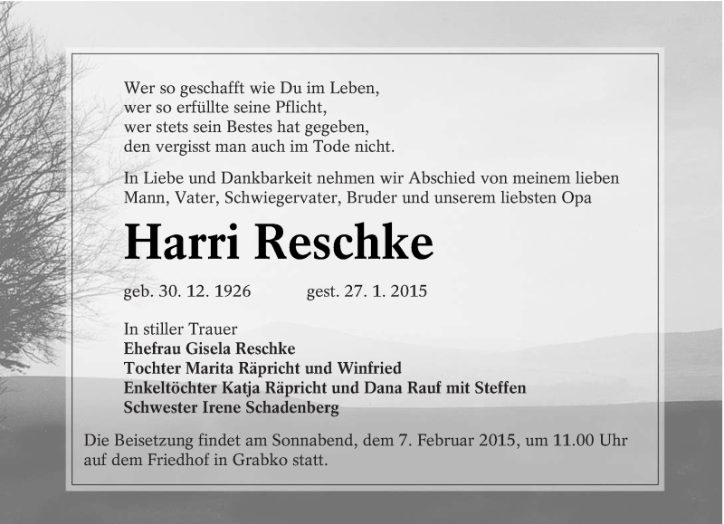  Traueranzeige für Harri Reschke vom 03.02.2015 aus lausitzer_rundschau
