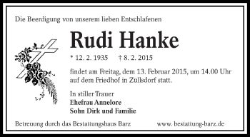 Traueranzeige von Rudi Hanke von lausitzer_rundschau
