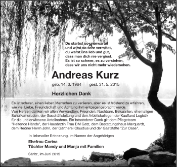 Traueranzeige von Andreas Kurz von lausitzer_rundschau