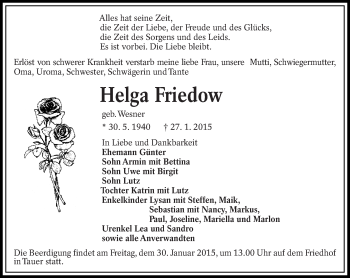 Traueranzeige von Helga Friedow von lausitzer_rundschau