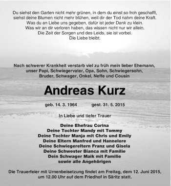 Traueranzeige von Andreas Kurz von lausitzer_rundschau
