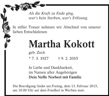 Traueranzeige von Martha Kokott von lausitzer_rundschau
