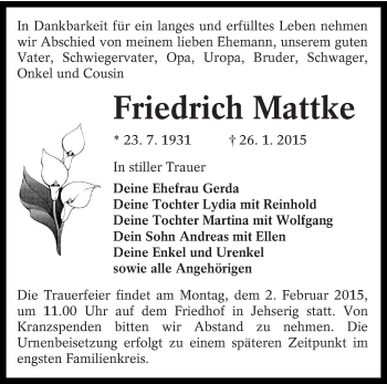 Traueranzeige von Friedrich Mattke von lausitzer_rundschau