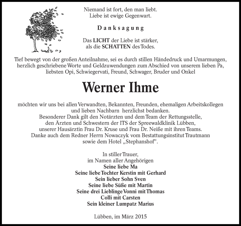  Traueranzeige für Werner Ihme vom 07.03.2015 aus lausitzer_rundschau