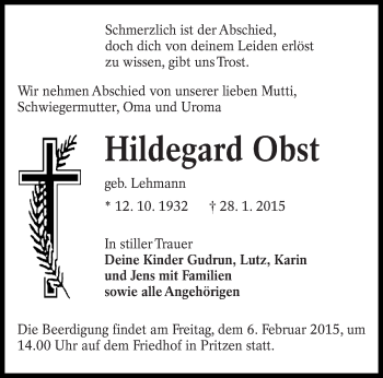 Traueranzeige von Hildegard Obst von lausitzer_rundschau
