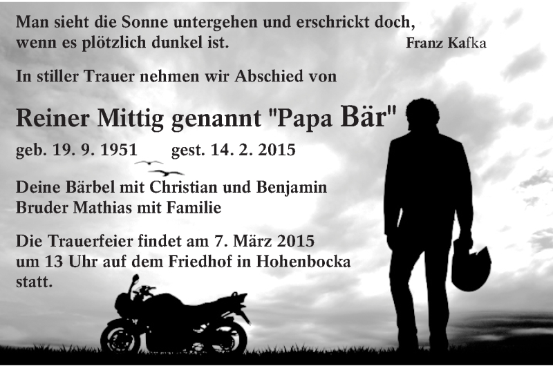  Traueranzeige für Reiner Mittig vom 04.03.2015 aus lausitzer_rundschau
